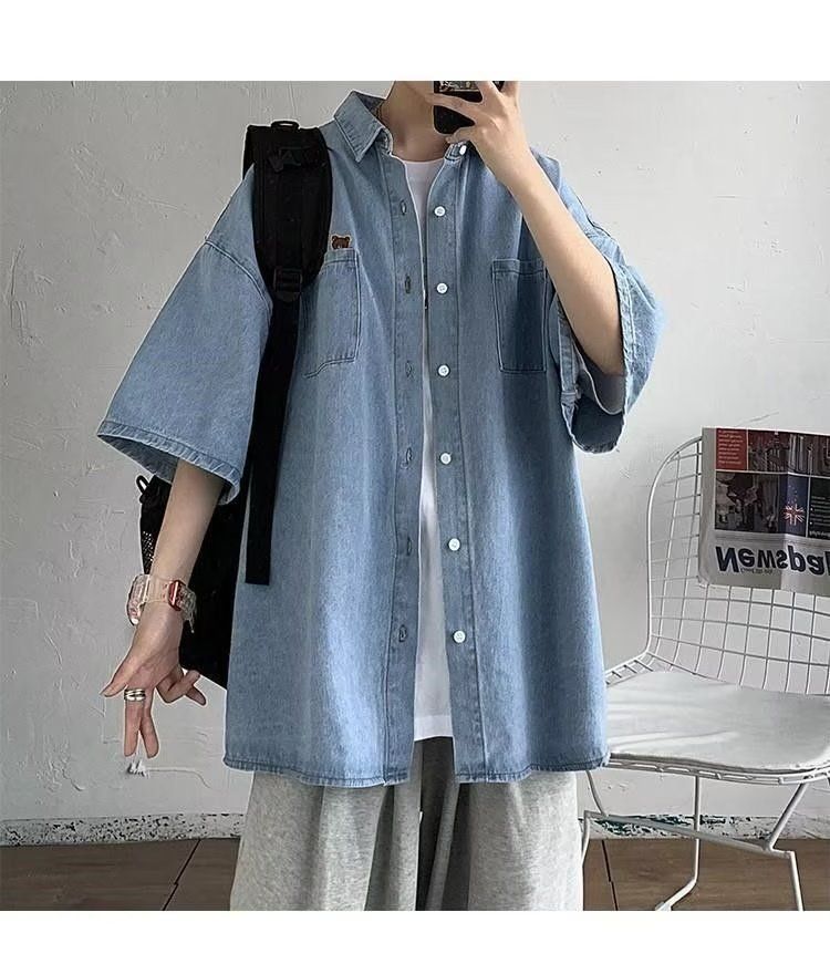 Letnia krótka koszula dżinsowa dla mężczyzn, stylowa, modny niszowy design, luźna, swobodna kurtka z krótkim rękawem_voghion.com