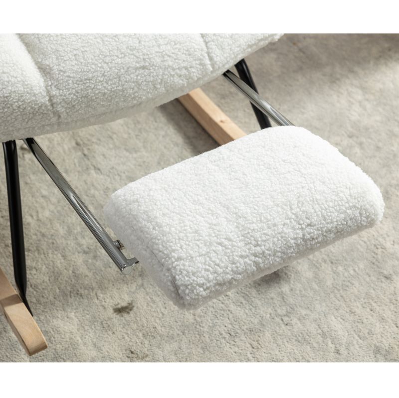 009B Fauteuil à bascule rembourré en tissu tissé Teddy blanc avec pouf dissimulé_voghion.com
