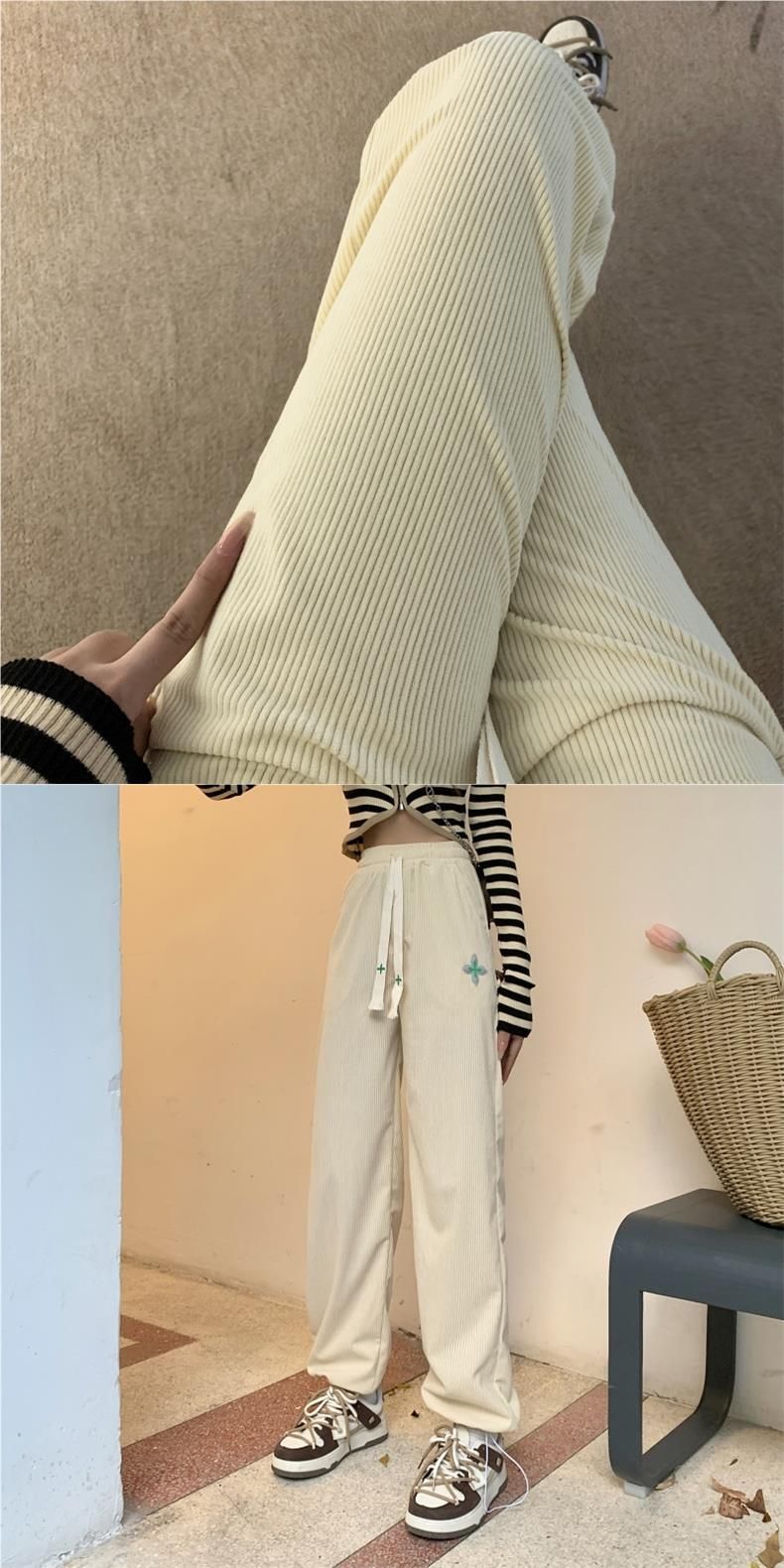 6017 # Corduroy Autumn Korean Edition New Work Wide Women's Leg Tight Pants_voghion.com