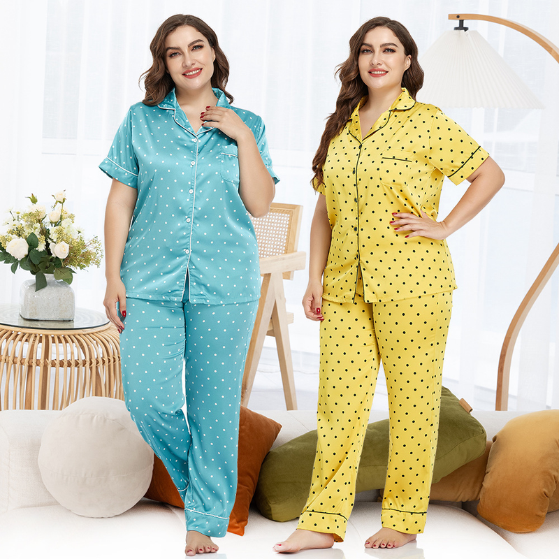 Kadın büyük boy buz ipek hırka pijama kadın ev elbise yaka kısa kollu pantolon iki takım_voghion.com