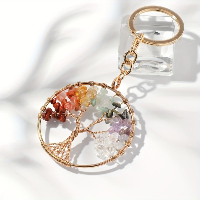 Llavero vintage con árbol de la vida de cristal de grava natural de 7 colores, redondo, colgante para bolso_voghion.com