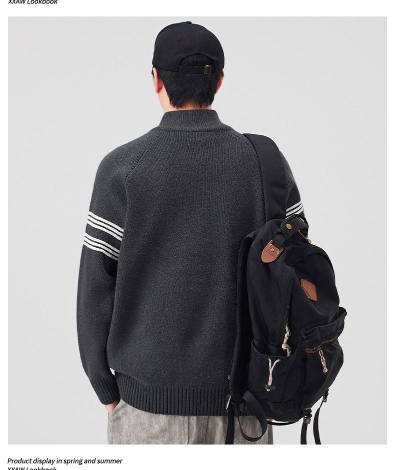 Retro Stand Collar Zip-Up Knit Sweater – Unisex Streetwear Pullover (M-3XL, Relaxed Fit, Vintage Aesthetic)_voghion.com