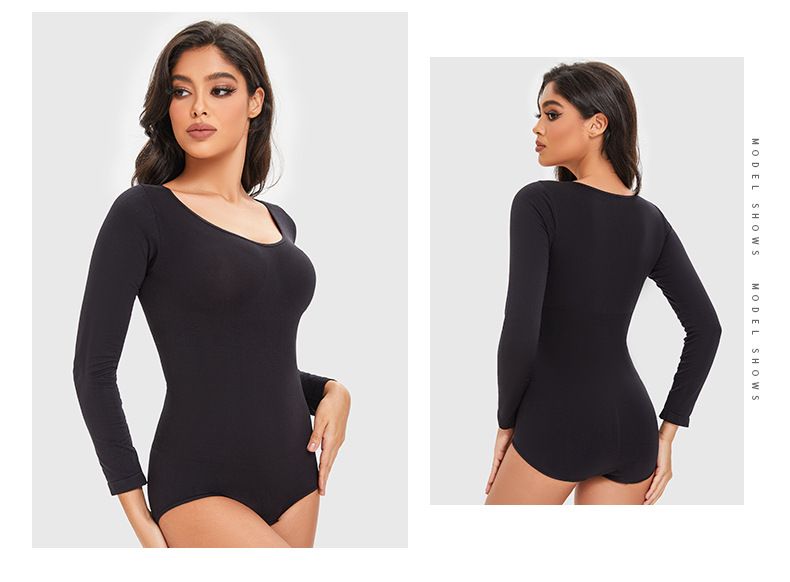 Nahtloser Shapewear-Body mit langen Ärmeln – Bauchkontrolle und Push-Up-Effekt – Volle Abdeckung mit dreieckigem Druckknopf – Schwarz/Haut/Braun (S-XXXL)_voghion.com
