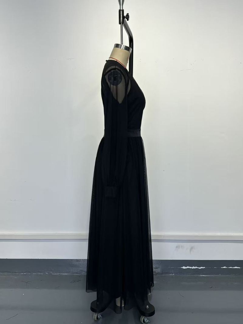 Completo due pezzi in rete nera – Elegante abito lungo a vita alta con maniche lunghe e rivestimento trasparente (nero senza tempo, versatilità dall'ufficio al cocktail)_voghion.com