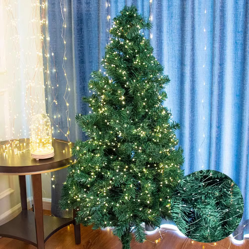 Cadena de luces para árbol de Navidad, alambre verde negro, alambre de cobre, cuerda de luces de alambre de cobre, llena de estrellas, plantas verdes, decoración navideña de ratán_voghion.com