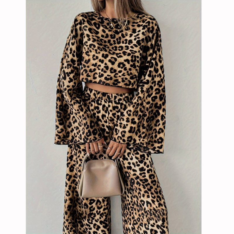 Vêtements pour femmes Printemps Imprimé léopard Ample et confortable Pantalon à manches longues Ensemble deux pièces_voghion.com