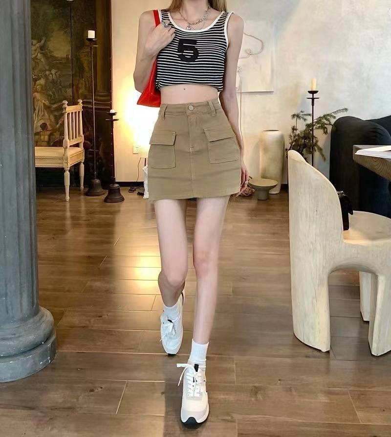 Women's Clothing Khaki Denim Skirt Women Summer New High Waist Slim Niche Pocket A Line Short Skirt Hip Skirt_voghion.com