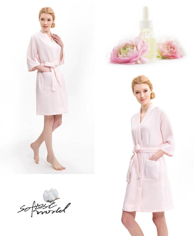 Spring/Summer Waffle Bathrobe For Couples - Cotton Sleepwear With 3/4 Sleeves & Embroidery (SPA & Hotel Style, Homewear)_voghion.com