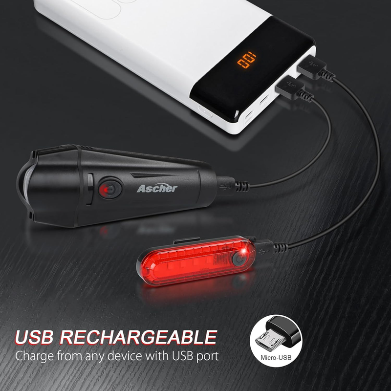 Set di luci per bicicletta ricaricabili tramite USB ultra luminose, potente fanale anteriore e posteriore, 4 modalità di illuminazione, facile da installare, nero_voghion.com