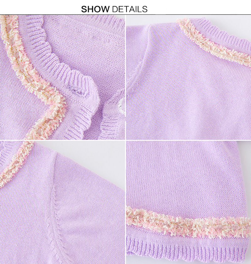 Cardigan élégant en tricot d'inspiration victorienne pour mère et enfant, avec bordure en dentelle, léger et doux, en mélange de coton (blanc-rose/blanc-noir/violet-rose)_voghion.com