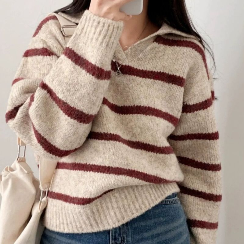 Pull en tricot à col polo rayé style coréen pour femme - Pull doux et confortable à col en V pour l'automne, coupe ample et décontractée_voghion.com