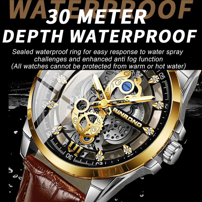 Orologio da polso al quarzo da uomo, stile business, con design scheletrato, impermeabile, luminoso, con cinturino in pelle._voghion.com