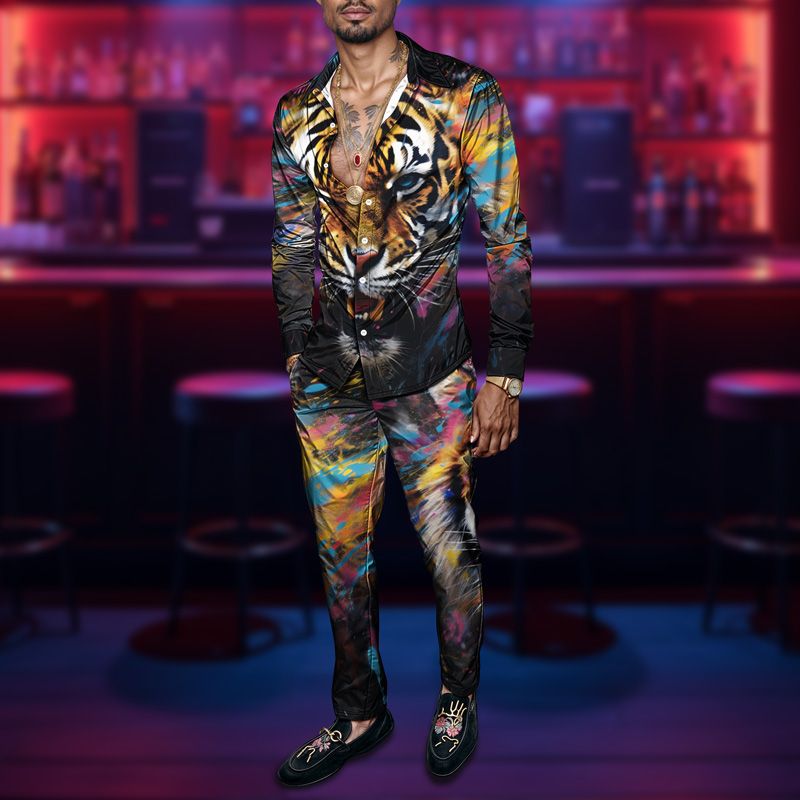 2025 Frühling Sommer Männer Shirt Set Tiger Print Mode Druck Zweiteiler Herren Leichte Party Langarm Anzug Neu_voghion.com