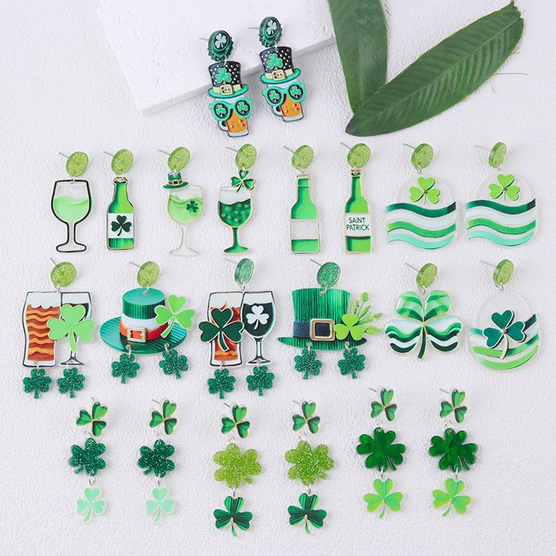 Boucles d'oreilles à tige en acrylique style AB vert pour la Saint-Patrick, bijoux en forme de trèfle_voghion.com