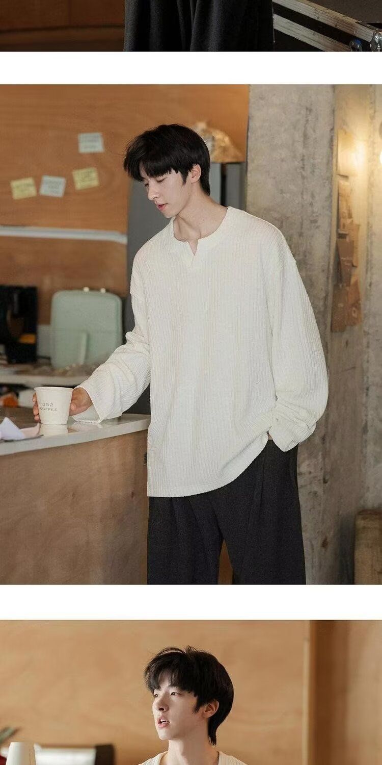 Maglietta a maniche lunghe con scollo a V e trama piccola per uomo, felpa base per primavera e autunno, stile americano alla moda_voghion.com