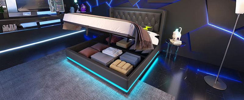 Lit double 160 x 200 cm, matelas en polyuréthane noir, lit coffre hydraulique avec chargement USB Type-C et éclairage LED sur 3 côtés, tête de lit rembourrée (matelas inclus)._voghion.com