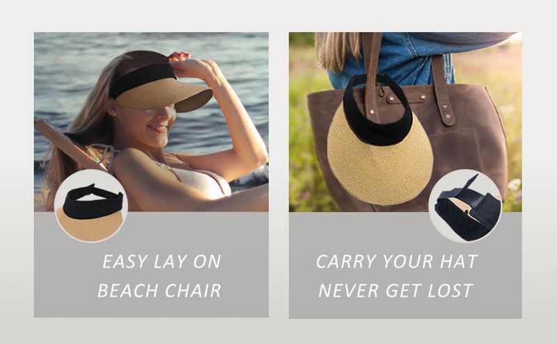 BABAHU Outdoor Women's Grass Weaving Sunshade Hat with Wide Brim Summer Empty Top Sun Hat Ponytail Braid Beach Hat Foldable_voghion.com
