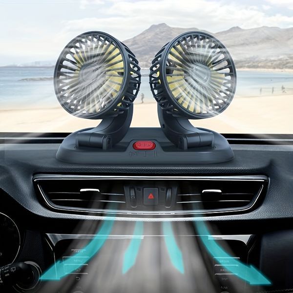 USB; 12 V; 24 V; Drehbarer Fahrzeuglüfter für LKW/Auto/Tourenwagen, universeller Doppelkopflüfter_voghion.com