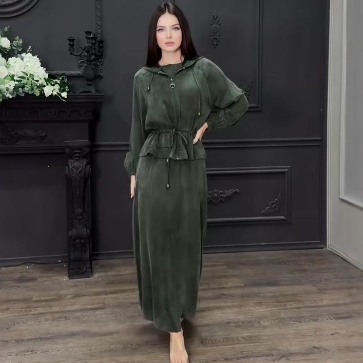 Women's Elegant Sleeveless Dress With Lantern Sleeve Belted Coat 2-Piece Set - Flowy Long Dress & Stylish Outerwear For Fall_voghion.com
