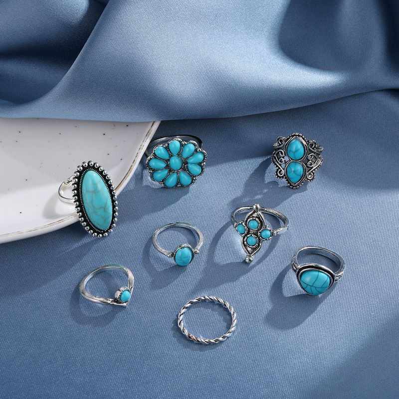 Bohemian Turquoise Flower Fried Dough Twists 8-piece Set Ring Jewelry_voghion.com