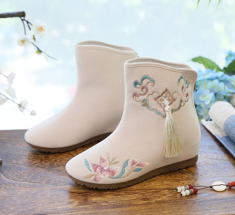 Stivali bassi, nappe ricamate, scarpe di stoffa abbinate a scarpe invernali imbottite e morbide in cotone Hanfu da donna, tacchi alti_voghion.com