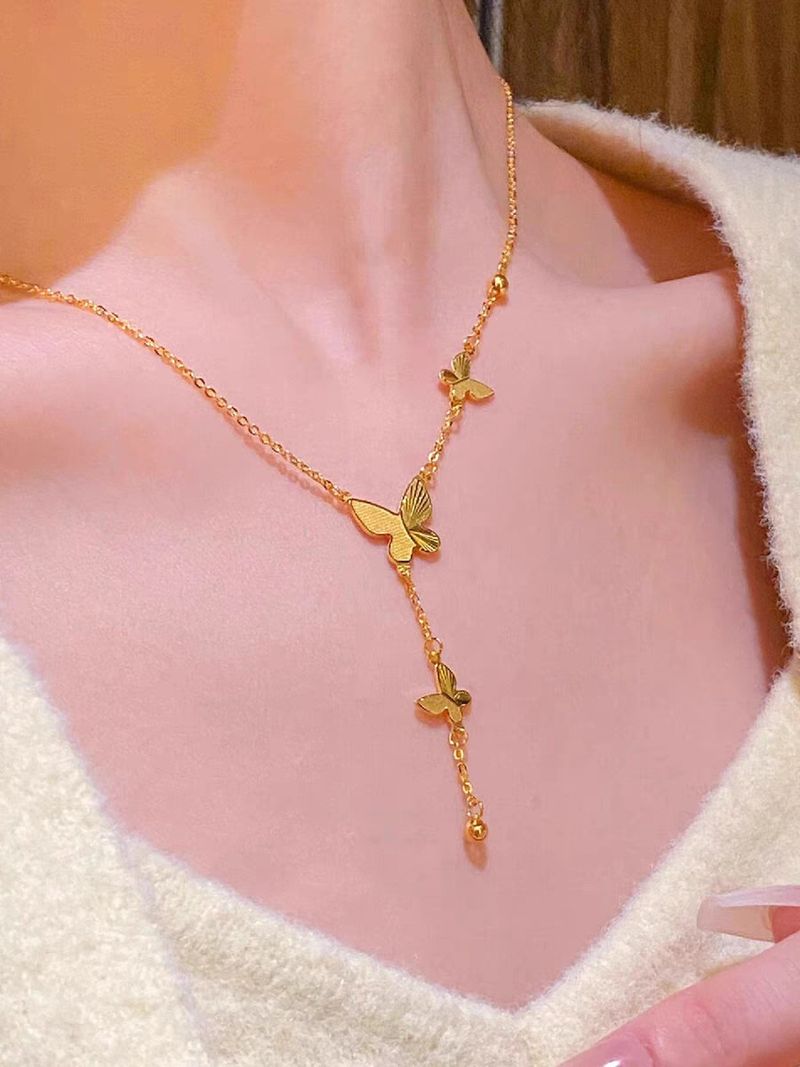 Golden That Does Not Fade, Female Niche High-end Feeling, Titanium Steel Lock Bone Chain, Butterfly Tassel Necklace_voghion.com