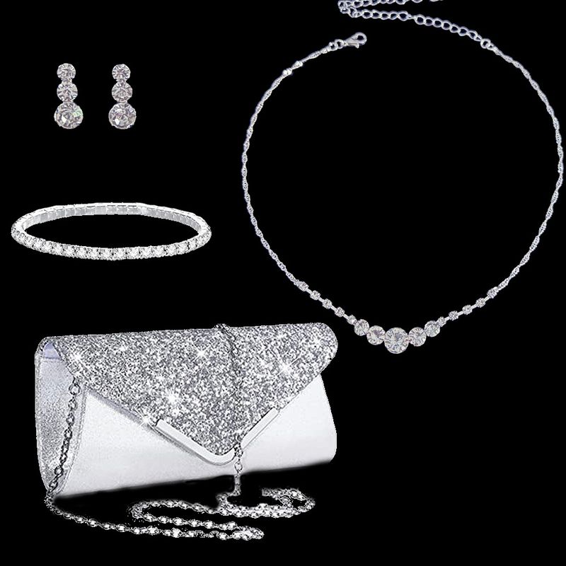 Set di gioielli da donna: elegante collana, orecchini, bracciale e spilla con strass per donna, perfetti per feste serali, matrimoni e occasioni speciali_voghion.com