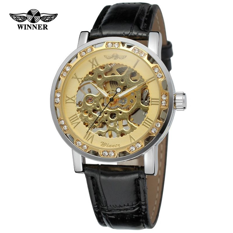 Men's Fashion Skeleton Mechanical Watch With Rhinestones - Hand-Winding Luxury Timepiece, 40mm Leather Strap, Stainless Steel Buckle_voghion.com
