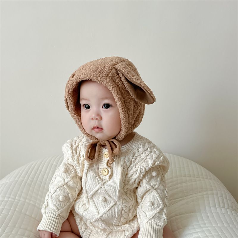 Cappello per neonati Cappello per neonati con piccole orecchie carine in peluche con lacci, cappello caldo autunnale e invernale_voghion.com