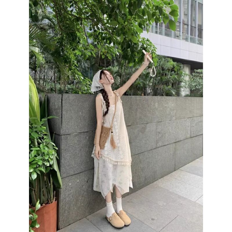 Zweiteiliger Träger im Urlaubsstil für Frauen im Sommer, eleganter Feendruck, Quaste, unregelmäßiger Strand, langes Kleid_voghion.com