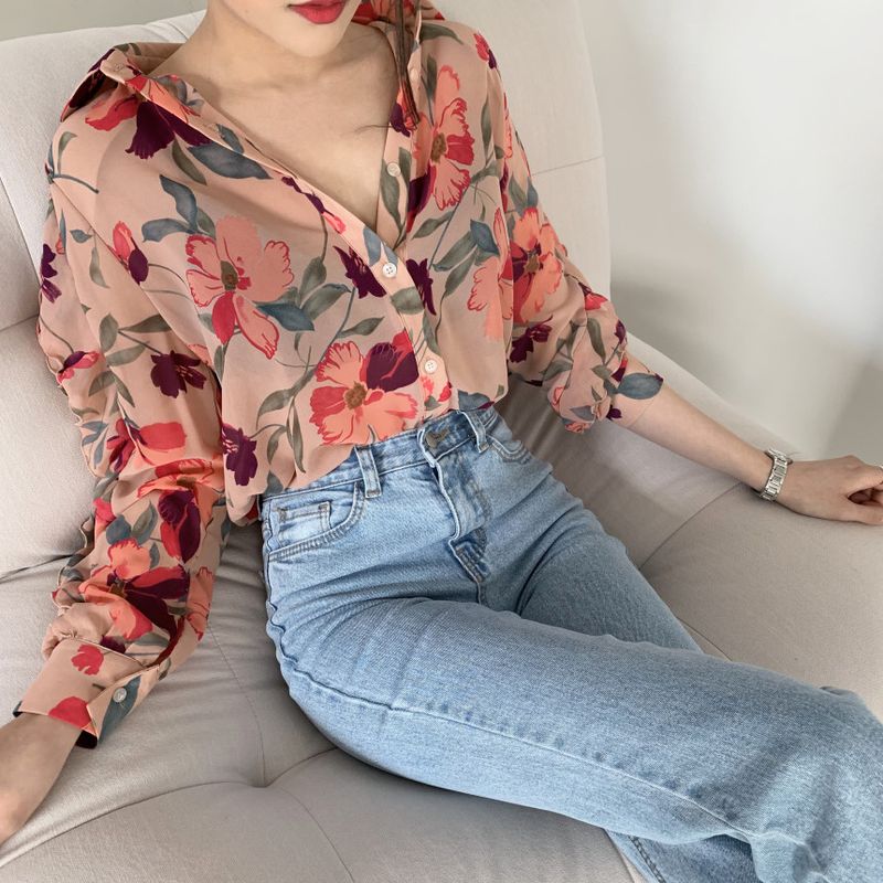 2024 spring/summer floral chiffon women's slim fit, simple and stylish long sleeved design_voghion.com