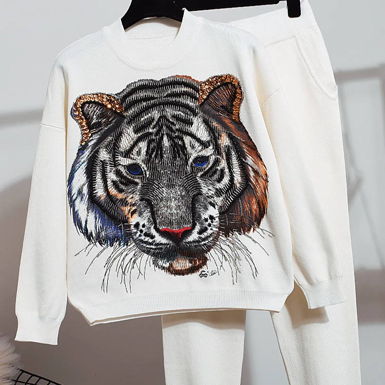 Vêtements pour femmes Ensemble pull Beaded Tiger 2 pièces_voghion.com