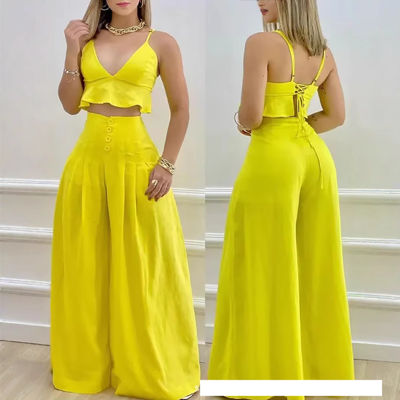 Ensemble deux pièces décontracté pour femme, pantalon ample à jambes larges et couleur unie_voghion.com