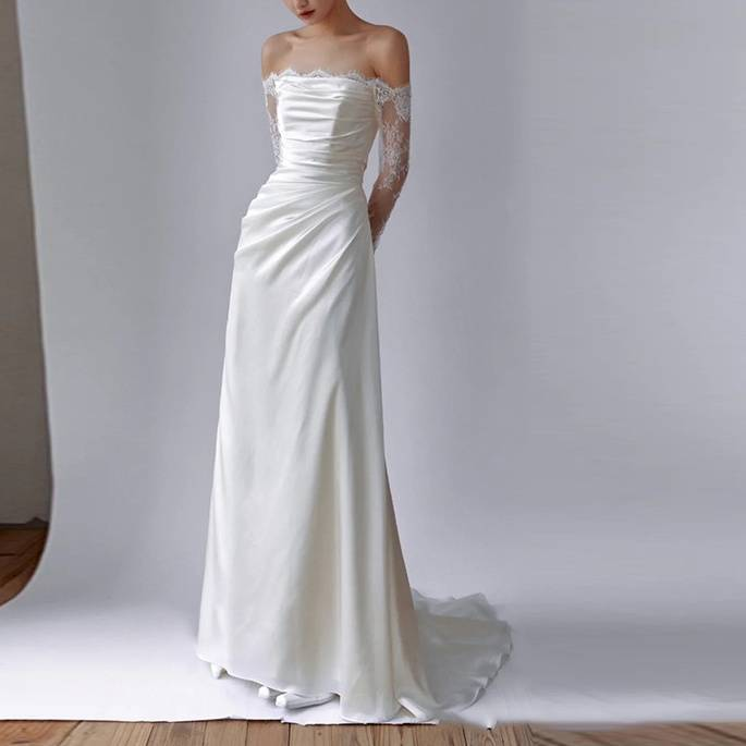 Women's Clothing One Shoulder Light Wedding Dress With Temperament And Trailing Forest Style Travel Photography Simple Long Sleeved Dress_voghion.com