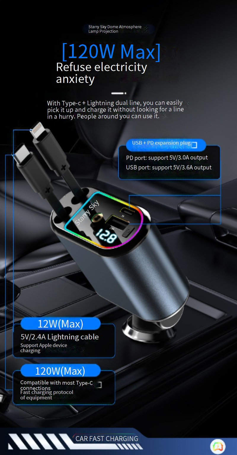 Car Chargers New C9 Starry Sky Top Fast Charging 120W Comes With Retractable Cable Car Charger One To Four Multi Function Digital Display Car Charger_voghion.com