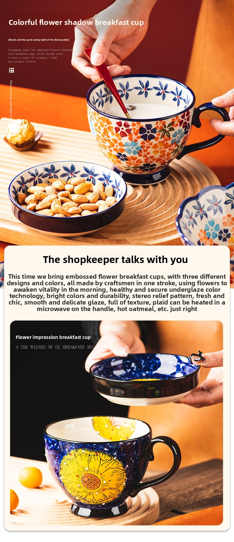 Hand-Painted Ceramic Breakfast Cup Set With Spoon (510ml) - 4 Vintage Floral Designs, Includes Nut Dish & Spoon_voghion.com