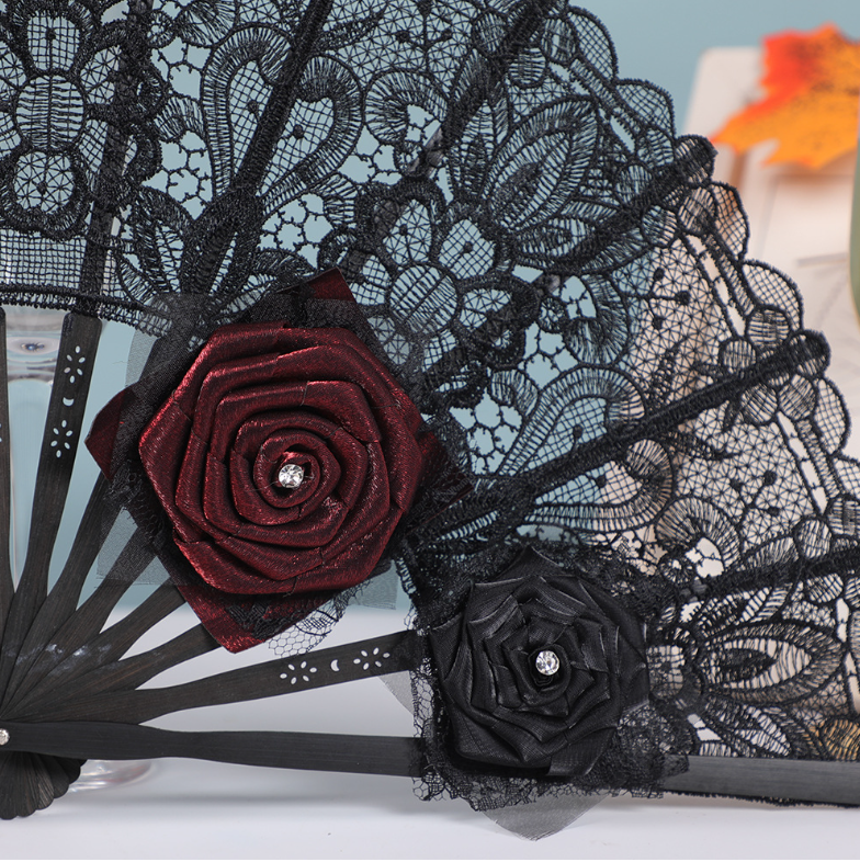 Halloween Black Lace Fan, Halloween Party Red Rose Decorative Fan, Festival Banquet Performance Retro Prop Fan_voghion.com