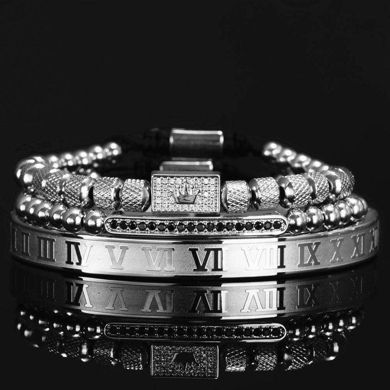 Pulsera de acero inoxidable con corona y números romanos para hombre: elegante diseño micropavé para accesorios de moda (oro, acero, negro)_voghion.com