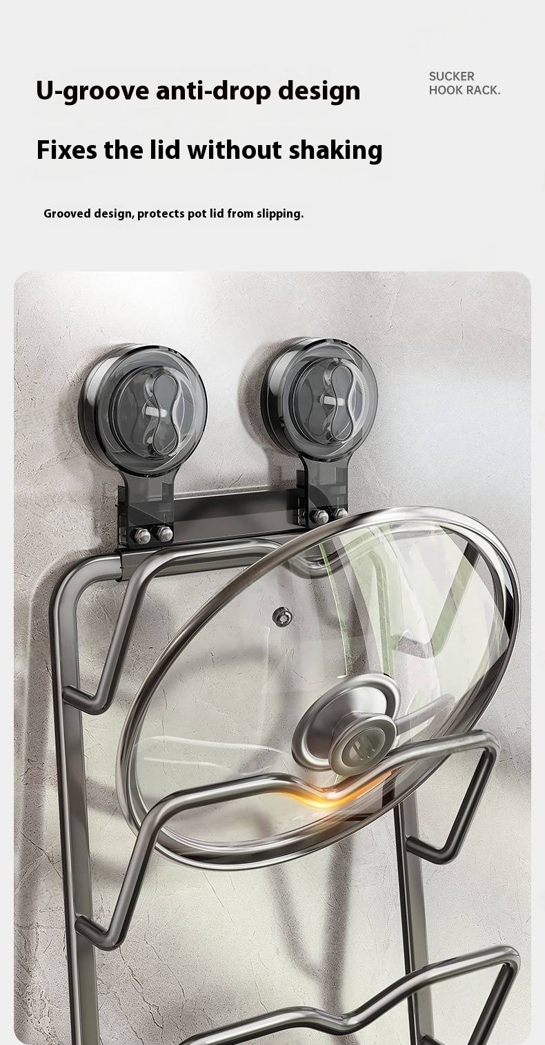 Wall Mounted Suction Pot Lid Holder, Space-Saving Kitchen Organizer With Drip Tray, No Drill Aluminum Storage Rack For Cutting Boards & Cookware Lids_voghion.com