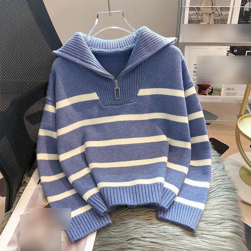 Damenbekleidung im koreanischen Winterstil, übergroßer Kragen, Farbblock-Pullover, Strickpullover mit halbem Reißverschluss_voghion.com
