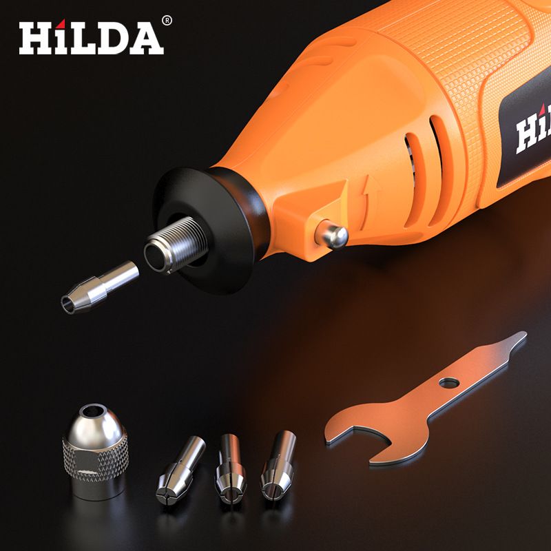 Penna per incisione elettrica HILDA da 125 W con mandrino da 8 mm, velocità variabile da 15.000 a 40.000 giri/min, mola da 3,2 mm massima, albero morbido e accessori_voghion.com