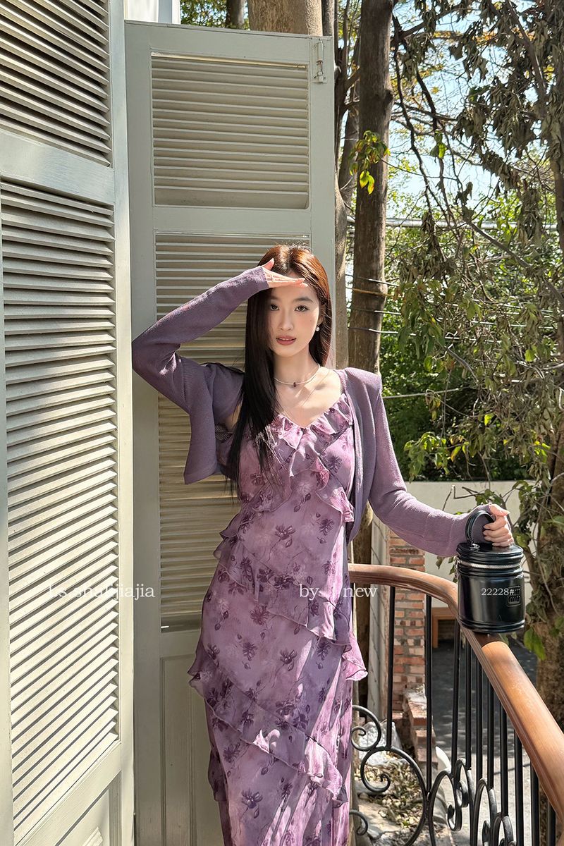 LS Shuzhi Französisch Stil Lila Rüschen Strap Lange Frauen 2025 Neue Floral Kleid 22228# Beständig Bequeme Kleidung Kleid_voghion.com