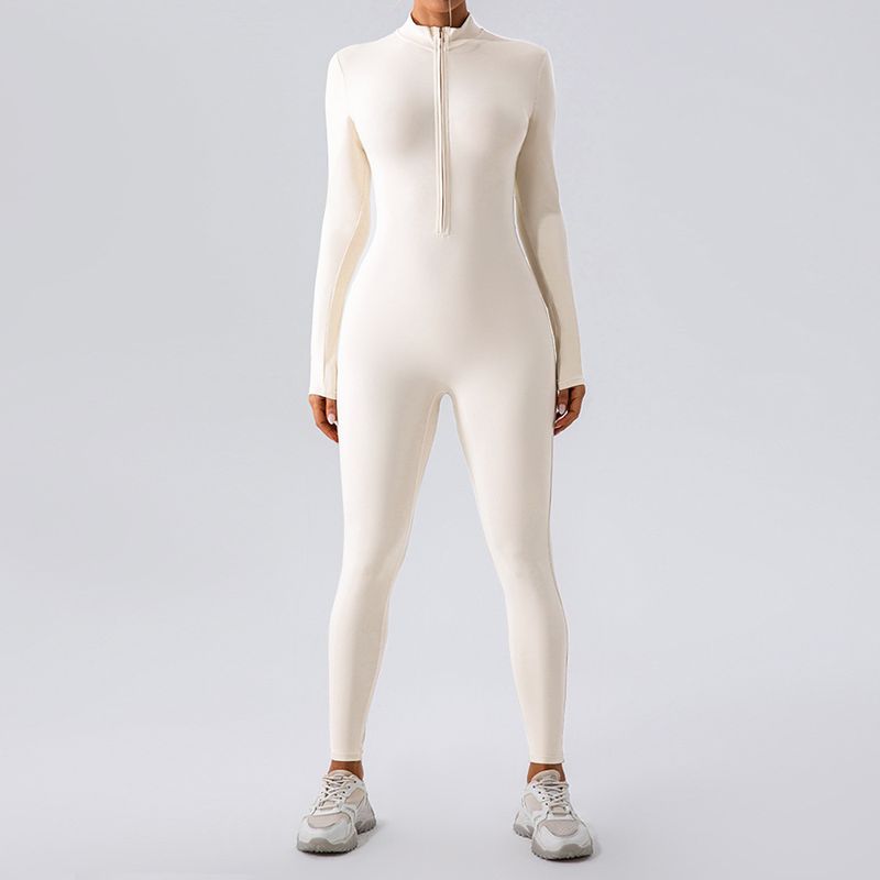 LazyZoom High Elastic Zipper Stand Collar Long Sleeve Jumpsuit Sports Fitness Running Training Yoga Suit For Women_voghion.com
