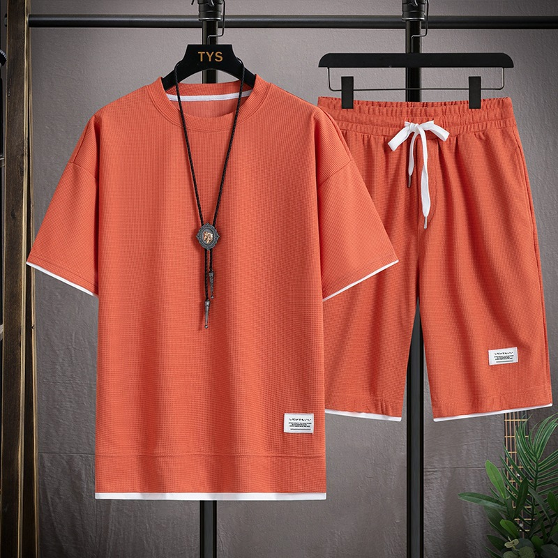 Waffel-Kurzes Herren-T-Shirt mit lockerem Halbarm, lässig, für den Sommer, zweiteilig_voghion.com
