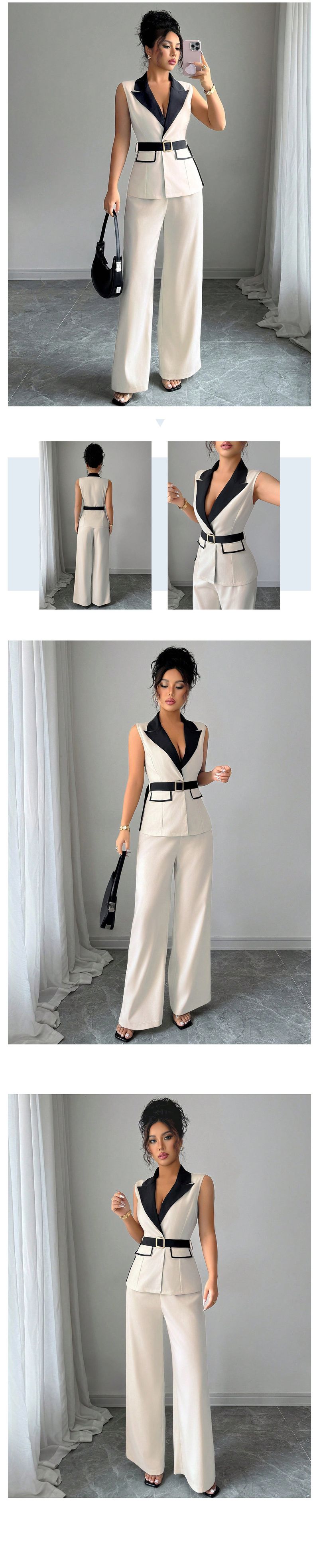 Roupas femininas estilo elegante top tubo calças retas terno colete terno elegante sem alças macacão terno feminino com colete - bege, P/M/G/GG_voghion.com