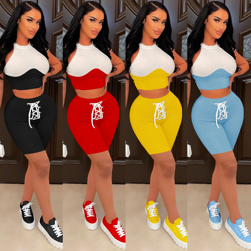 Frauen Sommer Neue Mode Lässig Sexy Feste Nähte Rippe Stricken Pit Streifen Zwei-stück Set_voghion.com