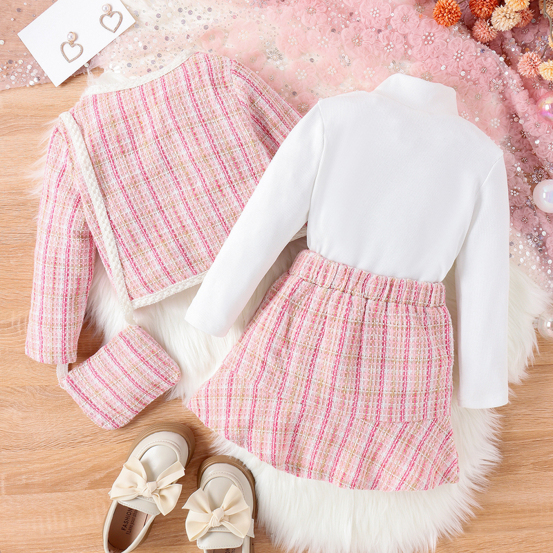 Kinderkleidung, kleiner Duft, Herbst und Winter, vierteiliges Set, einfarbig, Stehkragen + karierter Rock aus Wolle, Mantel + Tasche_voghion.com