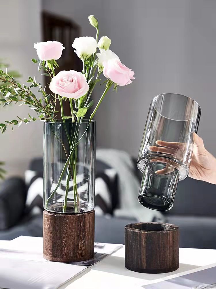 Vaso in vetro creativo Nordic INS con base rotonda in legno per tavolo da pranzo del soggiorno, composizione floreale idroponica fresca_voghion.com