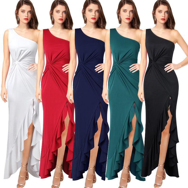 Ladies Sexy Slash Neck Ruched Evening Dresses Women Irregular Ruffles Formal Dress Slim Bodycon Solid Prom Dresses Evening Party_voghion.com