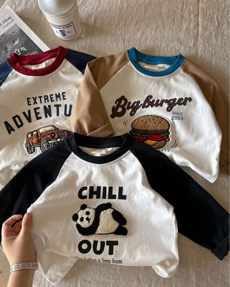 Chenma Children's 2024 Primavera Ragazzi Cartoon Ricamo T-S Ragazze Elegante Color Block Manica Raglan Base_voghion.com